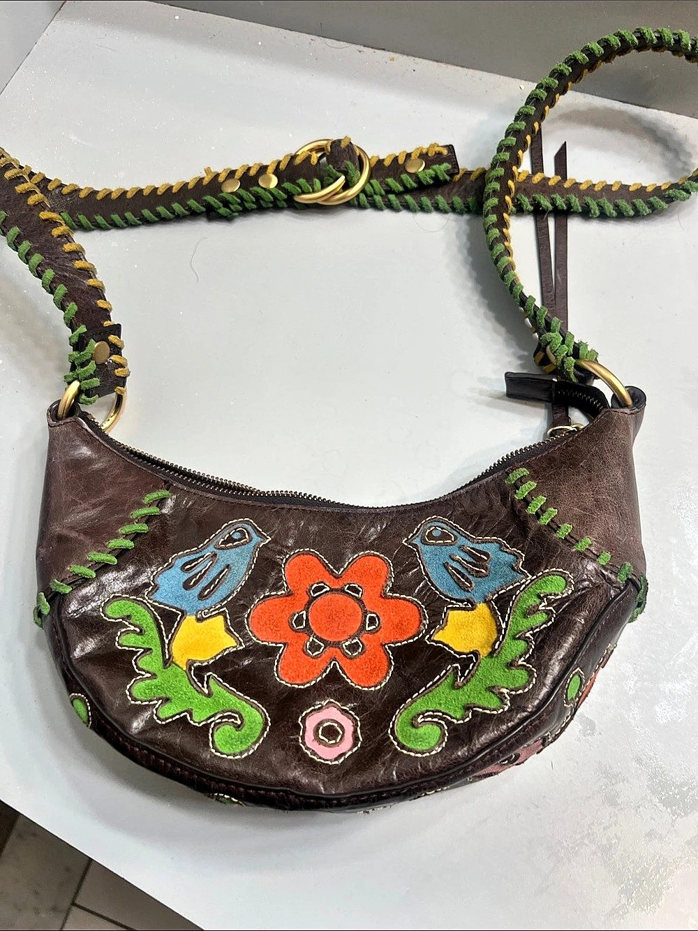 Kipling Embroidered Floral Shoulder Bag in Brown & Green